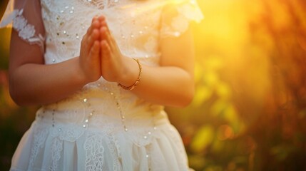 Torso of girl in Communion dress with hands in prayer position